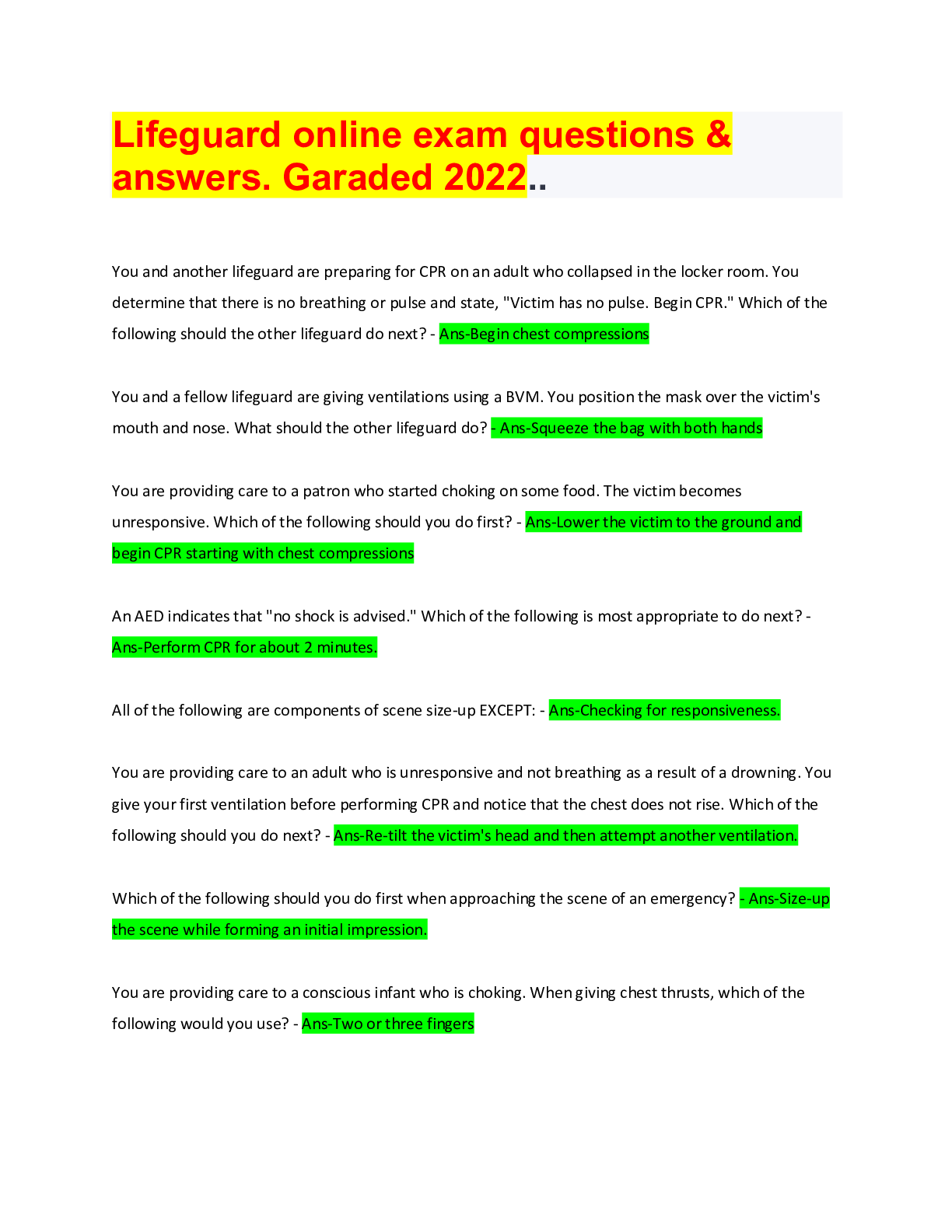 Preview image for Lifeguard online exam questions & answers. Garaded 2022..